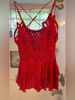 Free People Red Lace Adela top  Crochet Spaghetti Strap Camisole